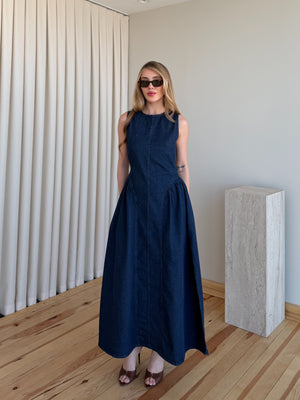 Lacivert Sırt Dekolteli Uzun Denim Elbise - 261026
