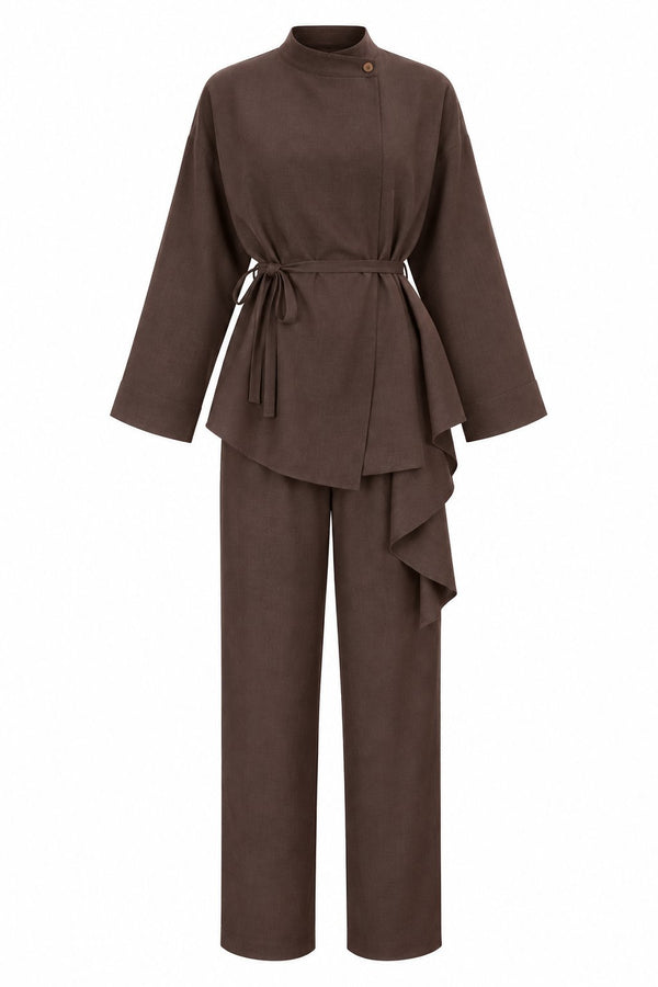 Kahverengi Volanlı İnce Kemerli Kimono Takım - 8739