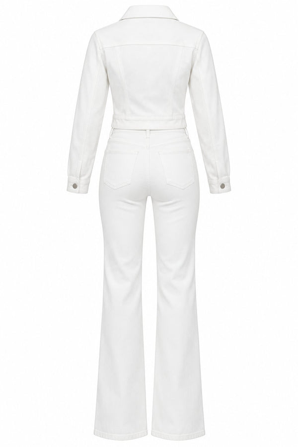 Beyaz Oval Kesim Crop Ceket Pantolon - 2y0904