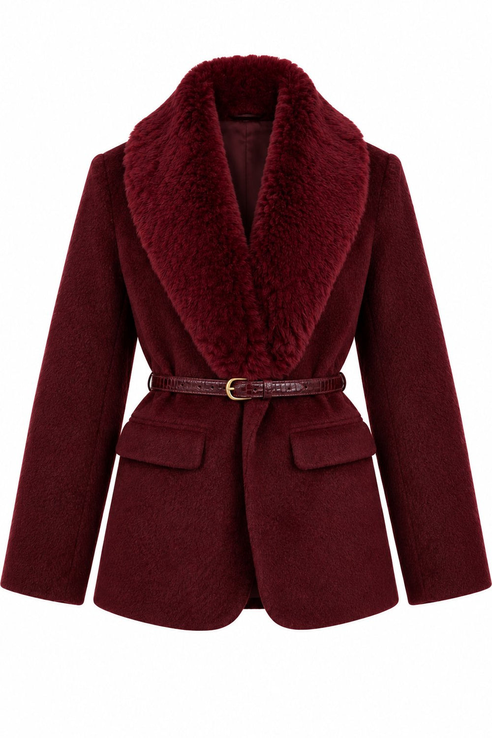 Bordo Kürk Yaka Peluş Ceket - 9688