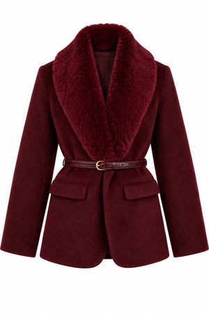 Bordo Kürk Yaka Peluş Ceket - 9688