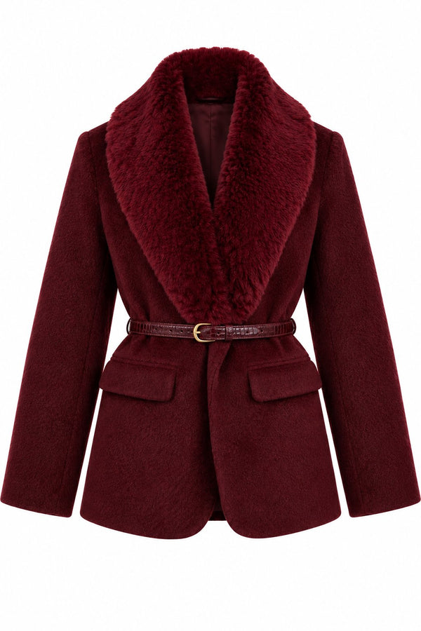 Bordo Kürk Yaka Peluş Ceket - 9688