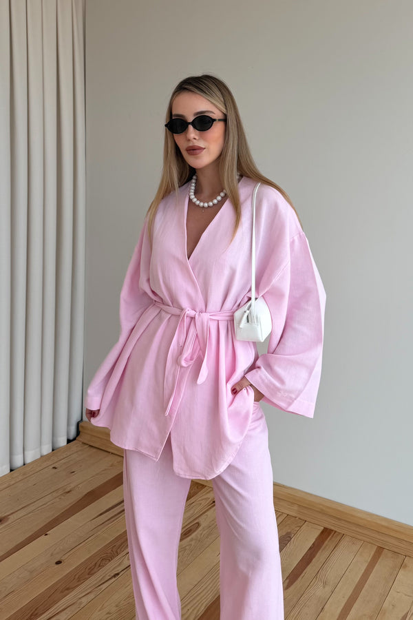 Pembe Vero Pamuklu Kemerli İkili Takım - 1300