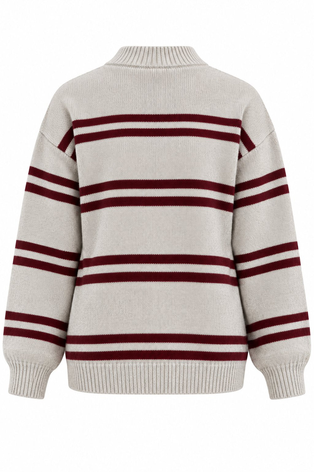 Bordo Renkli Çizgili Oversize Örme Kazak - 2y2516