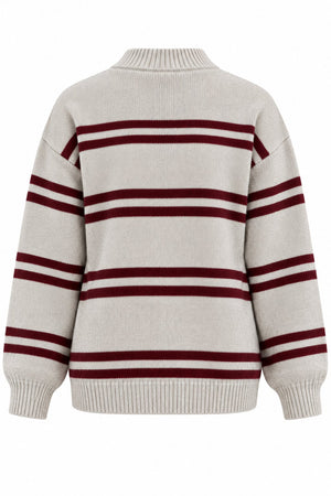 Bordo Renkli Çizgili Oversize Örme Kazak - 2y2516
