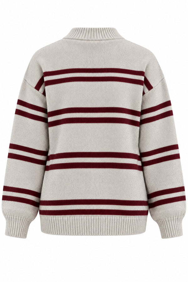 Bordo Renkli Çizgili Oversize Örme Kazak - 2y2516