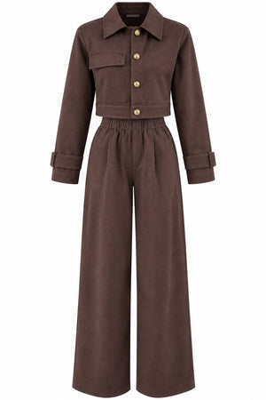 Kahverengi Kot Crop Ceket Pantolon Takım - 2y51244
