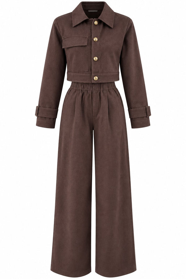 Kahverengi Kot Crop Ceket Pantolon Takım - 2y51244