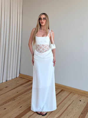 Beyaz Beli Dantel Detaylı Elbise - 2494