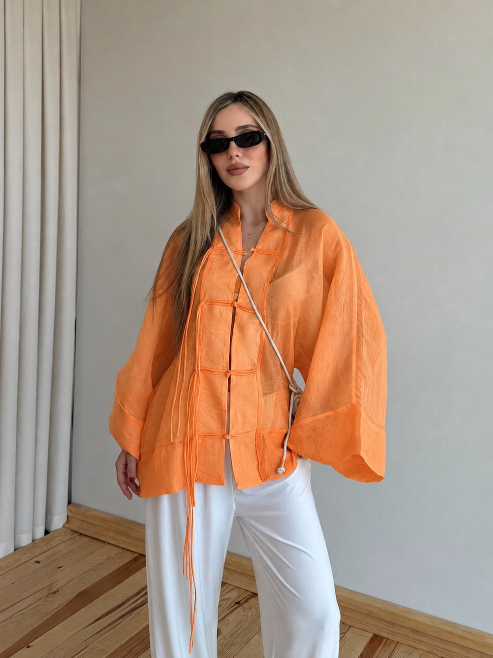 Orange İp Bağcıklı Transparan Kimono - 5098