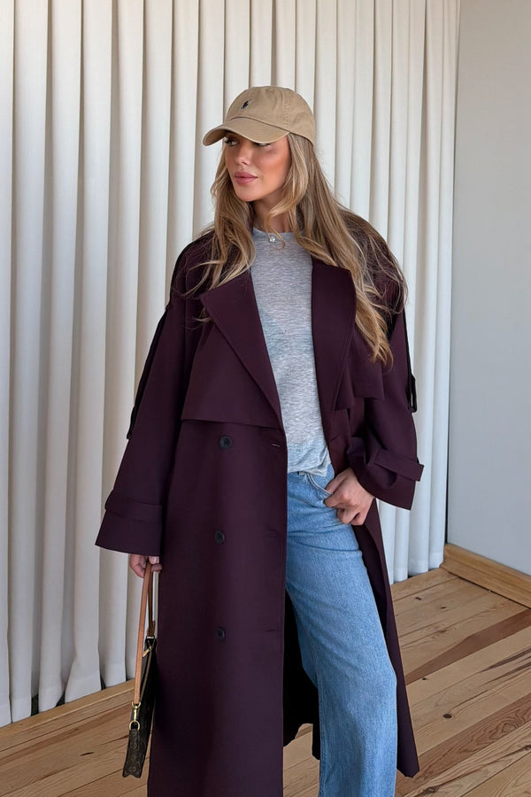 Mürdüm Lucky Düğme Detaylı Oversize Trençkot | LALUVIA