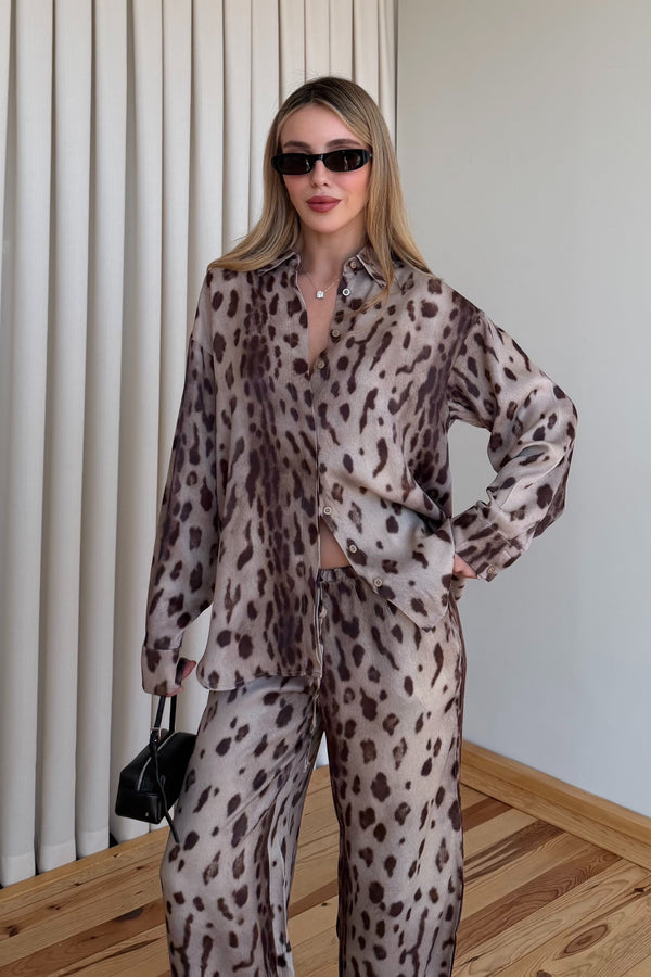 Kahve Leopar Desen Gömlek Pantolon Saten Takım - 906365