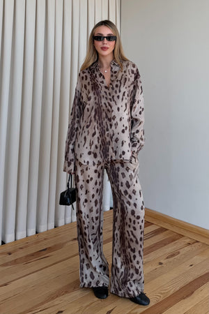 Kahve Leopar Desen Gömlek Pantolon Saten Takım - 906365