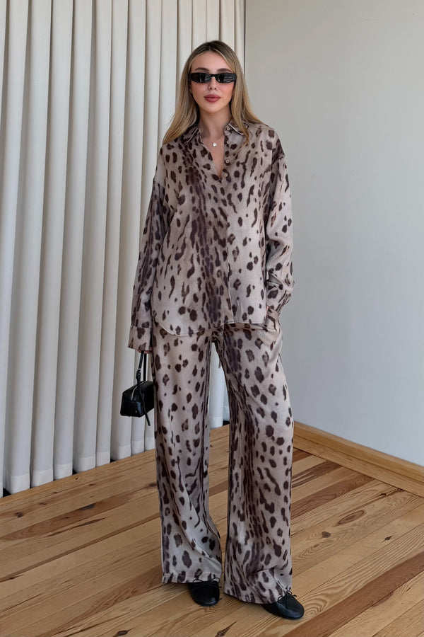 Kahve Leopar Desen Gömlek Pantolon Saten Takım - 906365