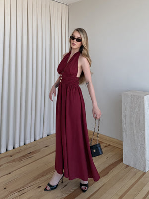 Bordo Boyundan Bağlı Gold Aksesuar Detaylı Elbise - 205369
