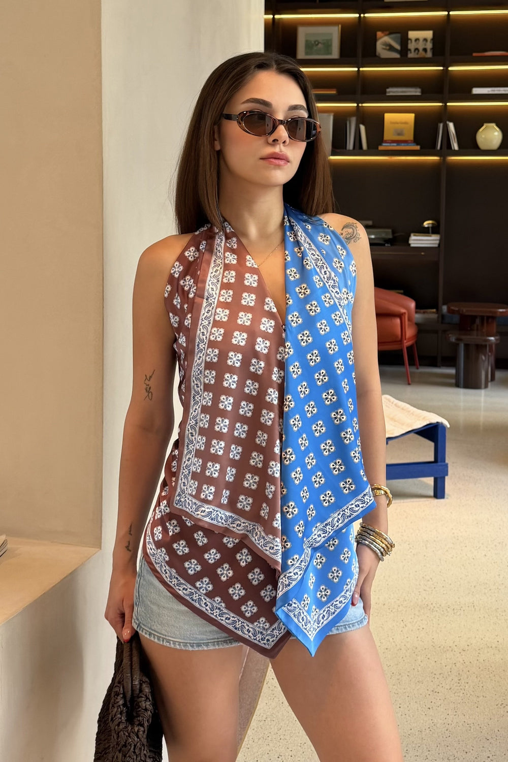 Mavi - Kahve İki Parçalı Saten Bluz - 8625