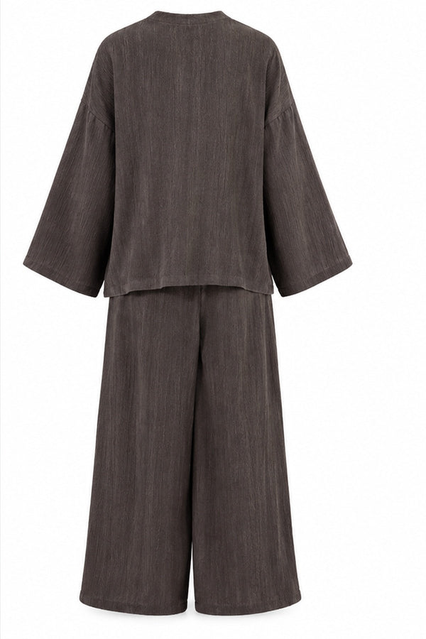 Kahverengi Asimetrik Kesim Bluz Pantolon Takım - 2y51322