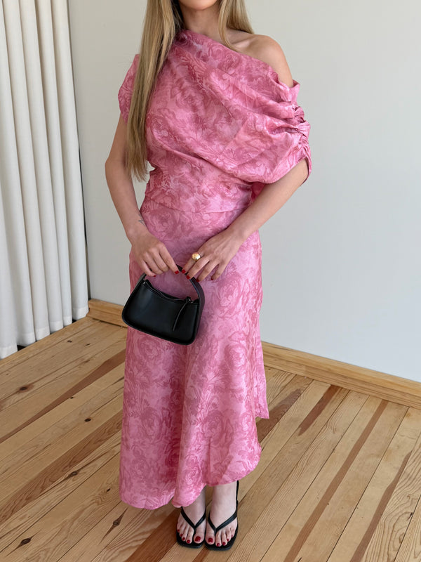Pembe Tek Omuz Asimetrik Çiçekli Elbise - 205385