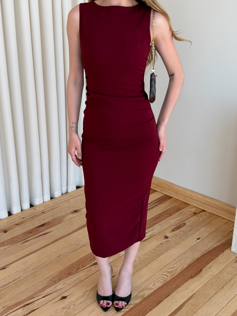 Bordo Drapeli Midi Elbise - 0506