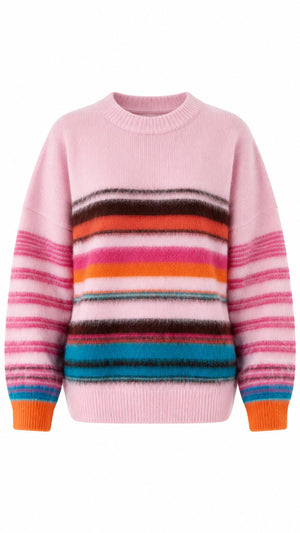 Pembe Çok Renkli Çizgili Yumoş Kazak - 10201