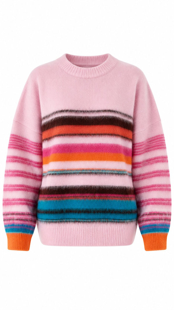 Pembe Çok Renkli Çizgili Yumoş Kazak - 10201