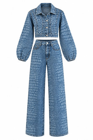 Mavi Croco Crop Ceket Pantolon Takım - 1189