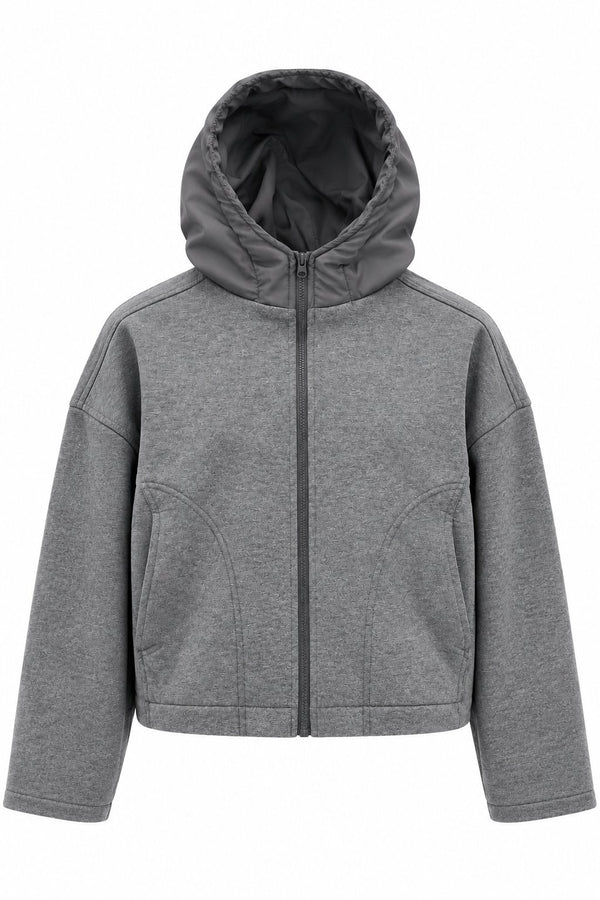 Gri Kapüşonlu Fermuarlı Sweatshirt - 1226