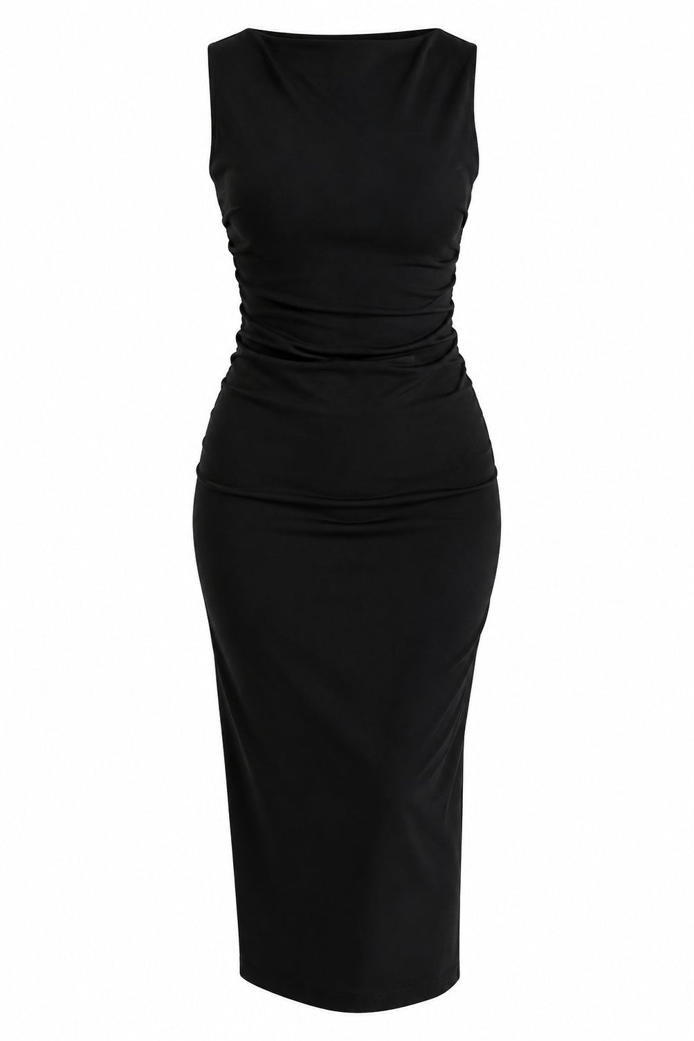 Siyah Drape Detaylı Midi Yırtmaçlı Elbise - 2y0506