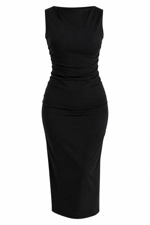 Siyah Drape Detaylı Midi Yırtmaçlı Elbise - 2y0506