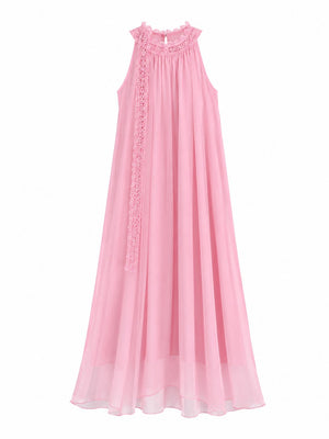 Pembe Yaka Dantelli Uzun Elbise - 3438