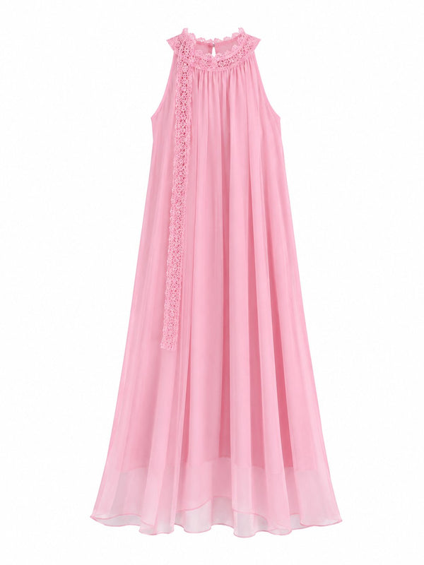Pembe Yaka Dantelli Uzun Elbise - 3438