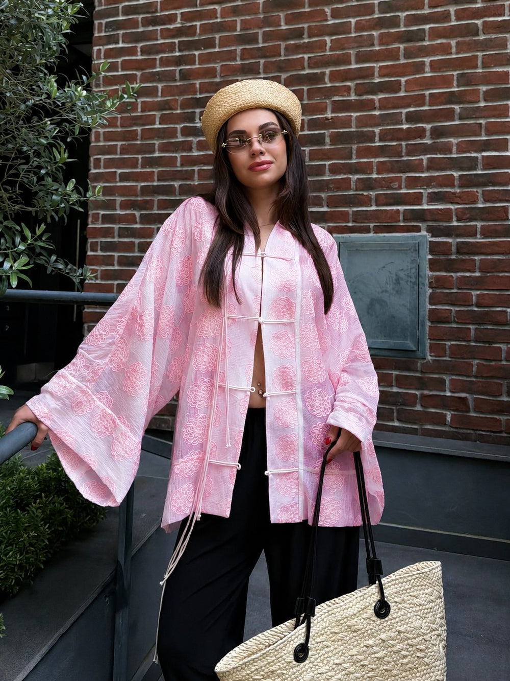 Pembe Frog Kapama Nakışlı Kimono - 5096