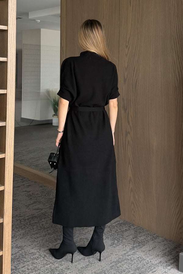 Siyah Kuşaklı Triko Elbise - 5265