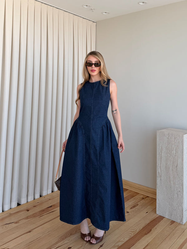 Lacivert Sırt Dekolteli Uzun Denim Elbise - 261026