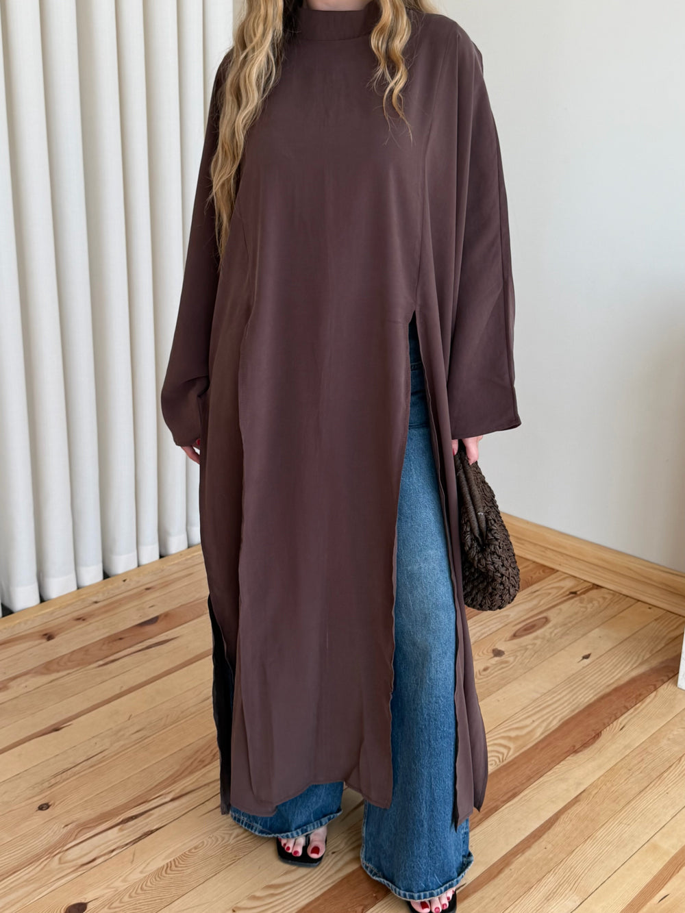 Kahverengi Yırtmaçlı Uzun Tunik - 8515