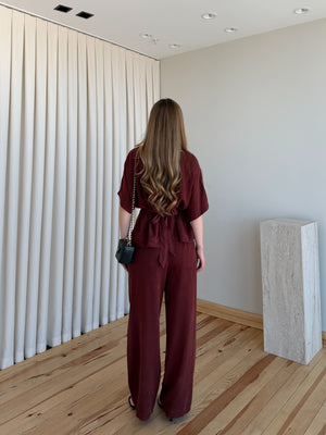 Bordo Yarasa Kol Belden Oturtma Bluz Salaş Pantolon Takım - 650008