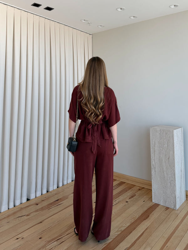 Bordo Yarasa Kol Belden Oturtma Bluz Salaş Pantolon Takım - 650008
