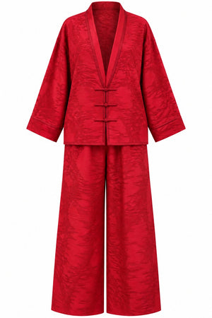Kırmızı Jakarlı Kimono Takım - 51479