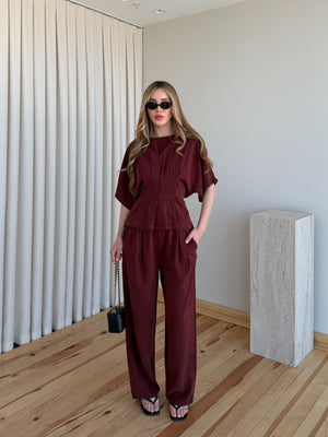 Bordo Yarasa Kol Belden Oturtma Bluz Salaş Pantolon Takım - 650008