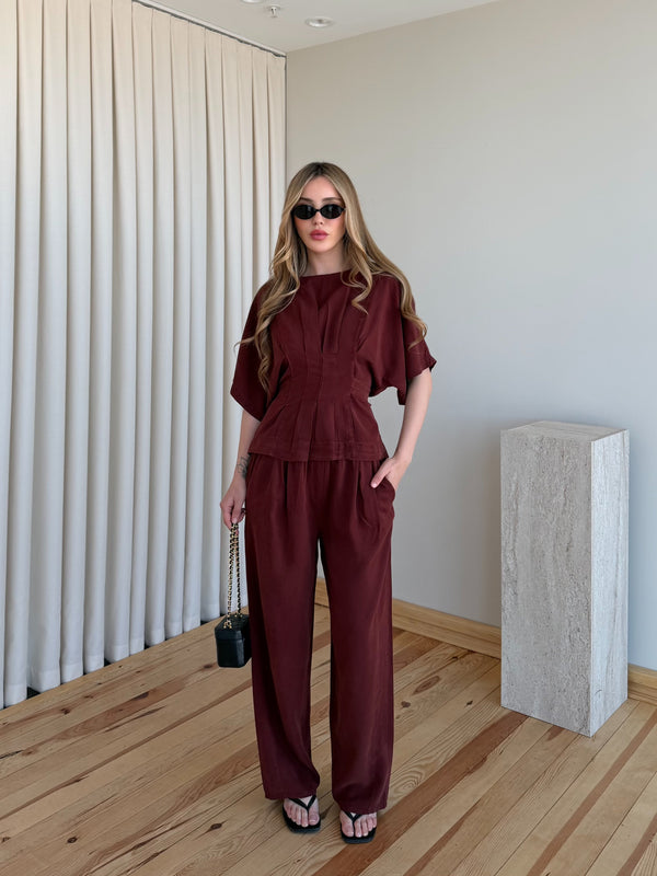 Bordo Yarasa Kol Belden Oturtma Bluz Salaş Pantolon Takım - 650008