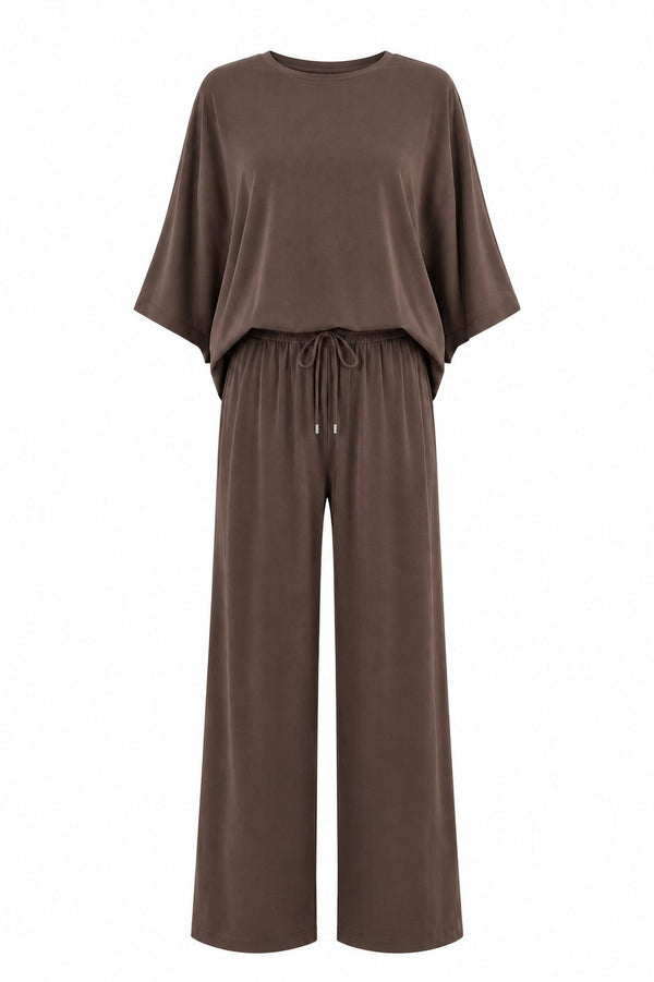 Kahverengi Yarasa Kol Bluz Pantolon Takım - 30432