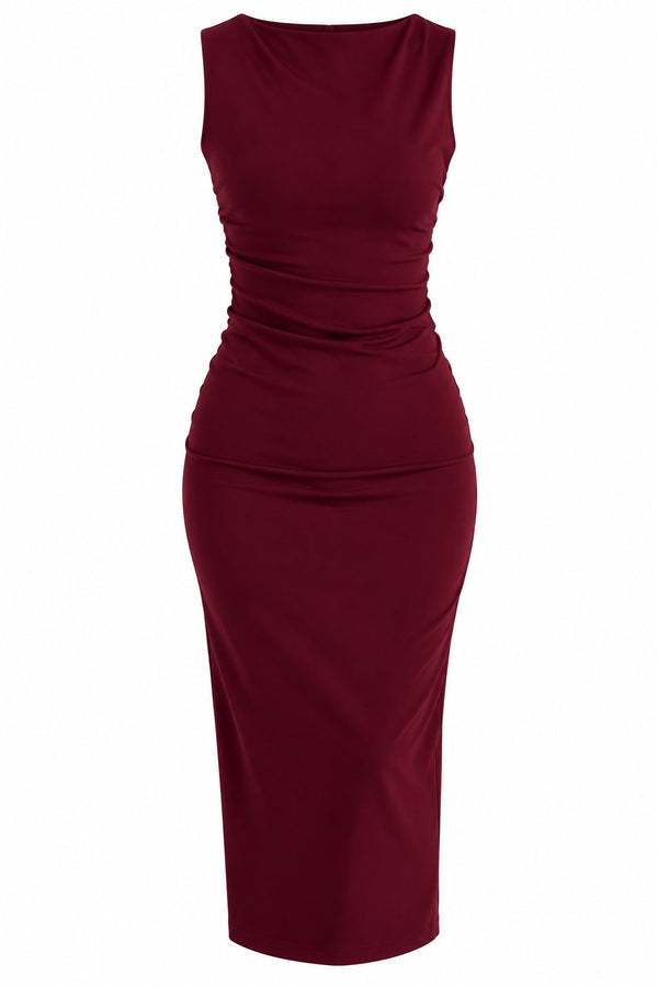 Bordo Drape Detaylı Midi Yırtmaçlı Elbise - 2y0506