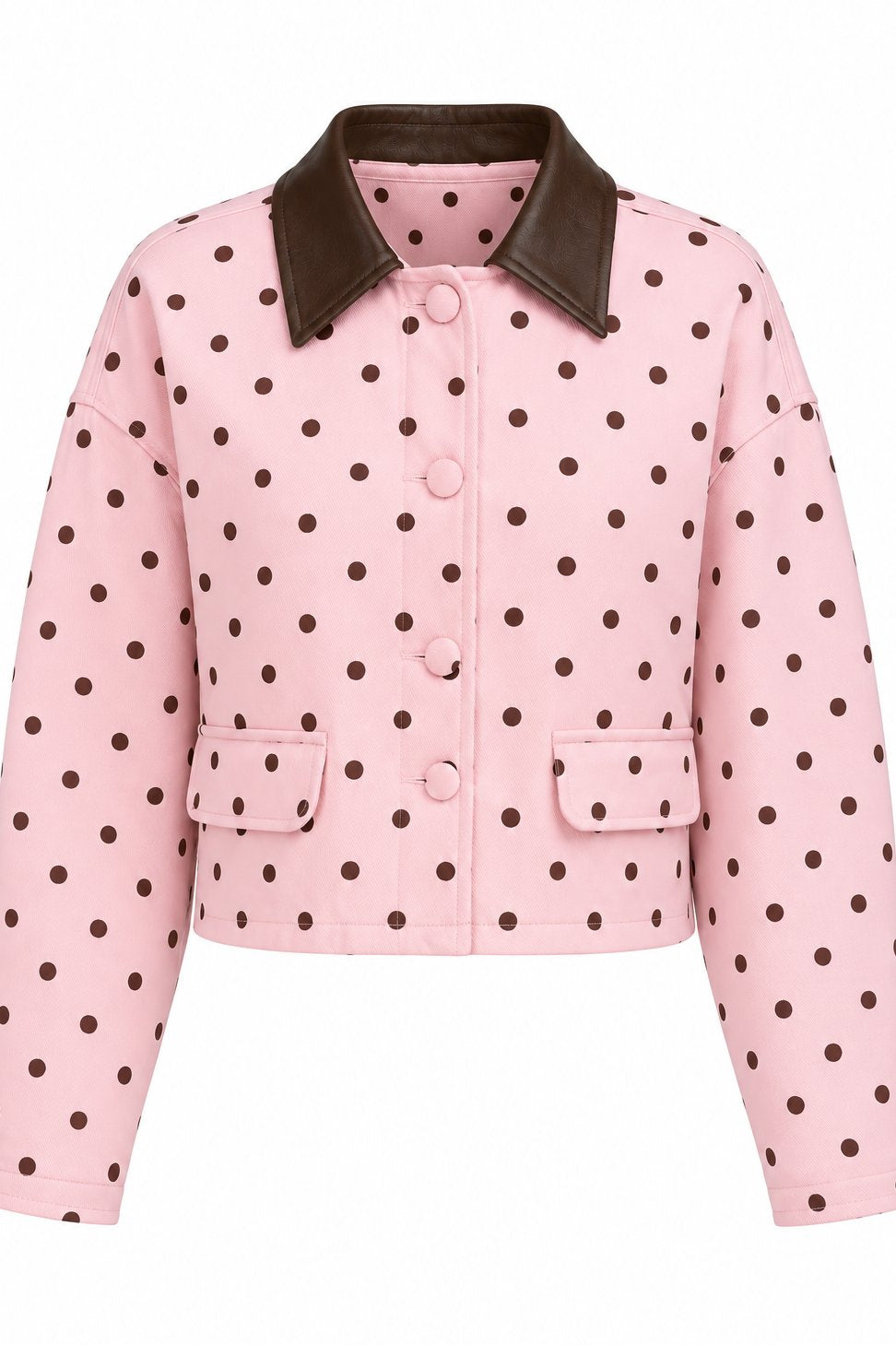 Pembe Deri Yaka Detaylı Puantiyeli Ceket - 1147