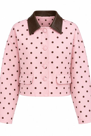 Pembe Deri Yaka Detaylı Puantiyeli Ceket - 1147