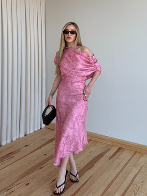 Pembe Tek Omuz Asimetrik Çiçekli Elbise - 205385
