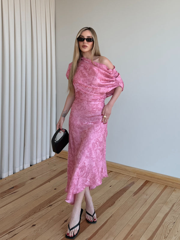 Pembe Tek Omuz Asimetrik Çiçekli Elbise - 205385