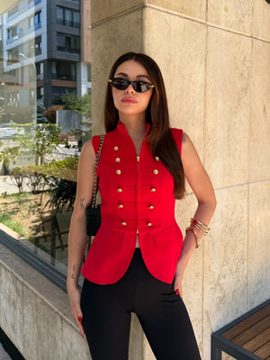 Kırmızı Gold Düğmeli Yelek - 98085