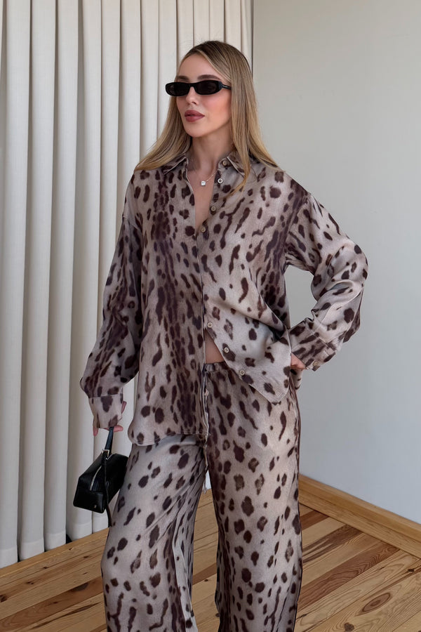 Kahve Leopar Desen Gömlek Pantolon Saten Takım - 906365