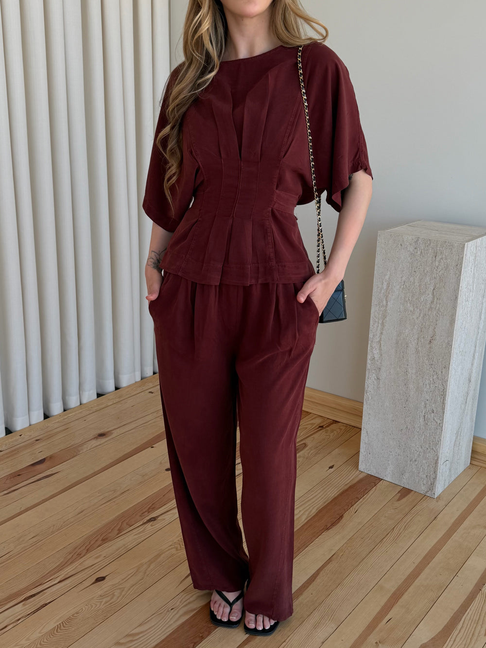 Bordo Yarasa Kol Belden Oturtma Bluz Salaş Pantolon Takım - 650008