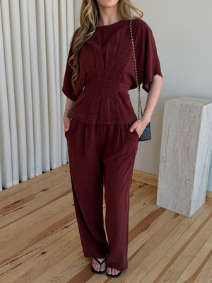 Bordo Yarasa Kol Belden Oturtma Bluz Salaş Pantolon Takım - 650008